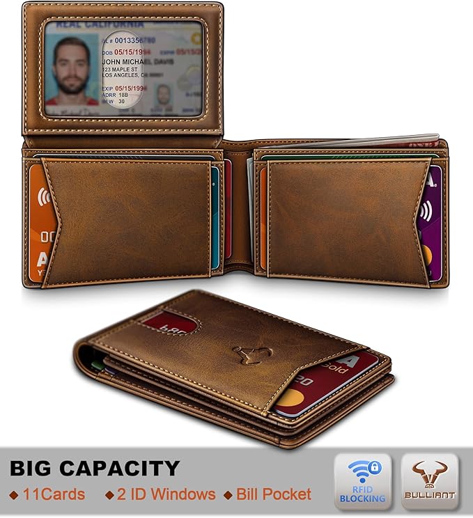 BULLIANT Men Wallet, Slim Leather Wallet Front Pocket Card Holder Gift For Men 11 Slots RFID Blocking