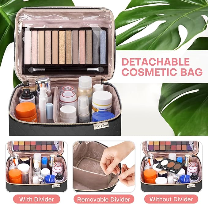 HXLGMD Double Layer Travel Makeup Bag Women, Cosmetic Organizer Case, Travel Essentials Accessories with Shoulder Strap for Bottles, Brushes, Conditioner, Skin Care Products, Black