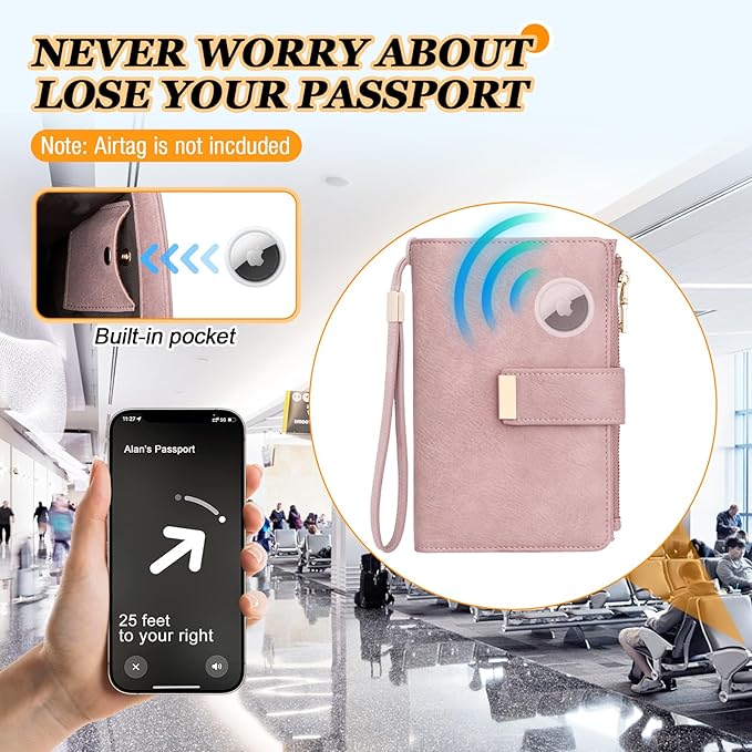 HUANLANG Passport Holder with Airtag for Women/Men, Airtag Passport Wallet for Travel Leather Passport Holder RFID Blocking,Travel Passport Walelt with Credit Card Holder