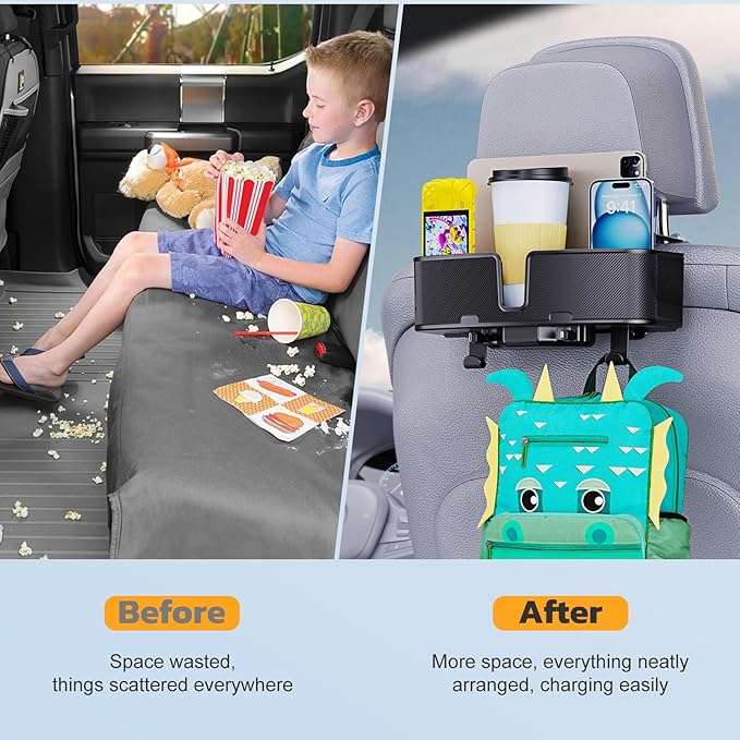 Car Headrest Cup Holder for Back Seat Organizer for Type-c/Lightning Retractable Charging Cables Multi- Hanging Snack Storage Box with Strong Hooks for Kids and Fast Charging for Travel Accessories