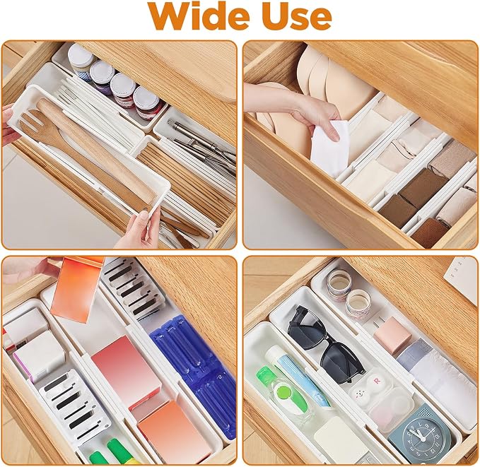 4 PCS Expandable Drawer Organizer, Adjustable Drawer Organizer Trays, Drawers Dividers Organizers and Storage For Office Supplies, Pens, Makeup,Utensils, Tools, Flatware and Junks, White