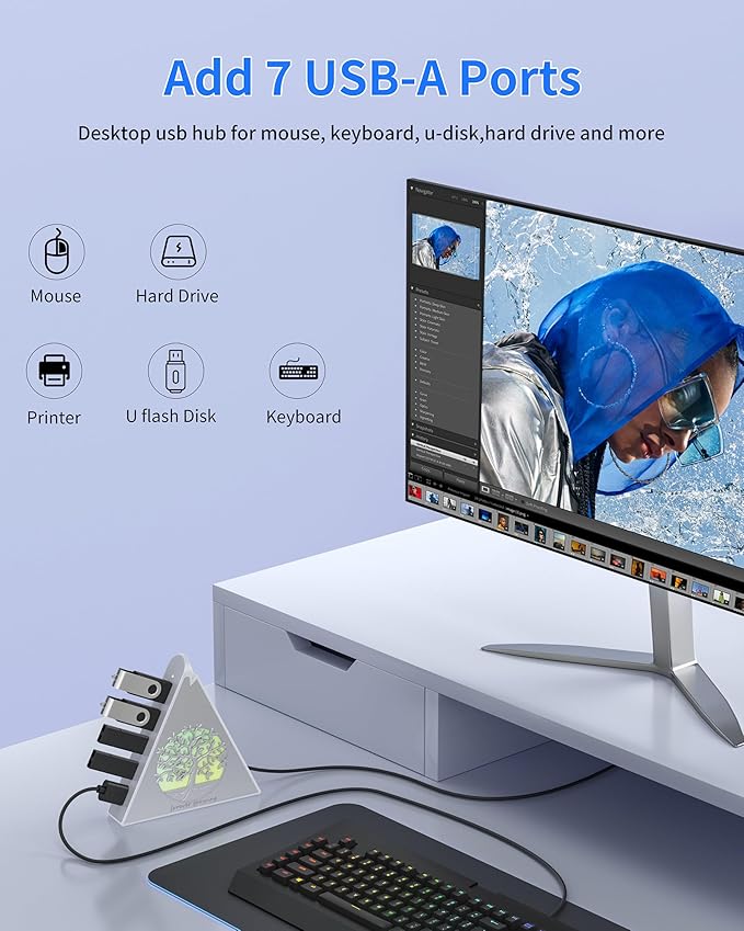 7-Port USB 3.0 Hub, Silver Vertical USB Expander with Tree-Themed RGB Lighting, 5Gbps Transfer Speed, 2FT Extension Cable, for MacBook, Laptop, Desktop, Xbox, Flash Drive, Printer