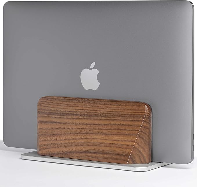 Vertical Laptop Stand, Solid Black Walnut Body & Silver Anodized Aluminum Base, Metal Laptop Holder Vertical for Desk - Adjustable Dock (0.47"-1.57" Width) Fits Most Laptops, MacBooks