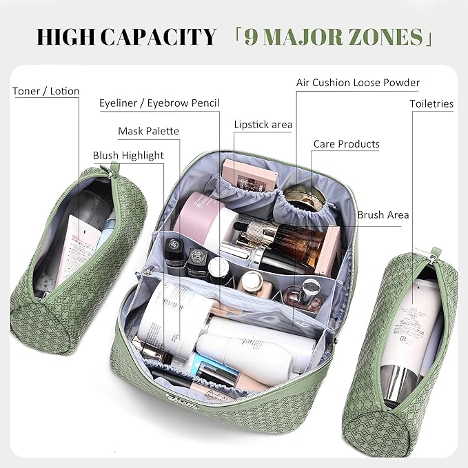 BOYATU Travel Makeup Bag for Women: Four Leaf Clover Large Capacity 3 Pcs Set Cosmetic Bags - Waterproof 50% Extra Space for Toiletry Organizer - Travel Essentials for Fortunate (01 Light Green)