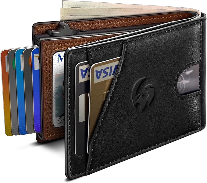 Wallet for Men, Slim Pop Up Card Holder with RFID Blocking, Minimalist Bifold Wallet with 9 Card Slots, ID Window and Cash Pocket, Metal Flip Case with Magnetic Closure, Gift Box