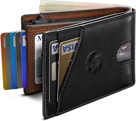 Wallet for Men, Slim Pop Up Card Holder with RFID Blocking, Minimalist Bifold Wallet with 9 Card Slots, ID Window and Cash Pocket, Metal Flip Case with Magnetic Closure, Gift Box