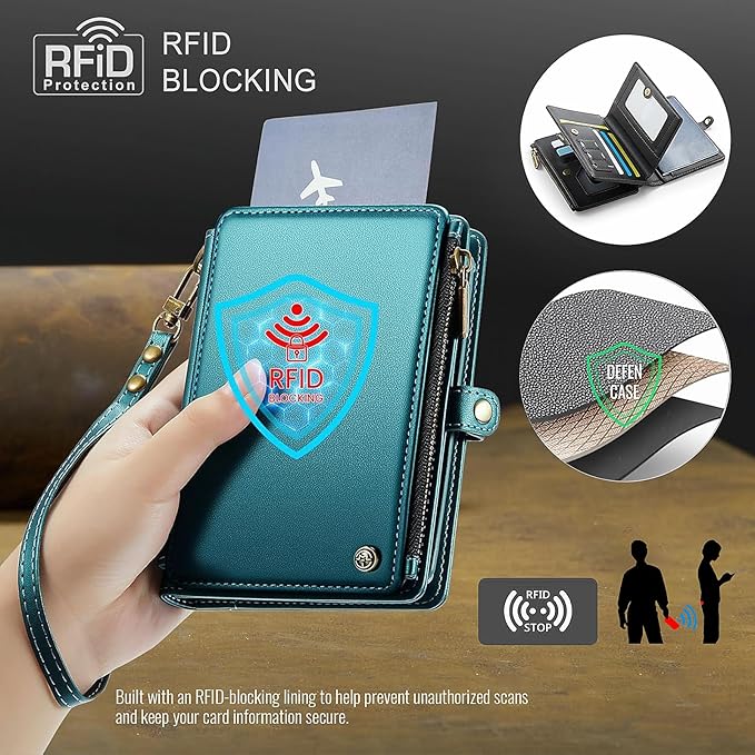 Passport Holder Wallet Bag with AirTag Holder, 11 Card Slots and Passport Solt Cash Solt Photo Solt Zipper Pocket, RFID Blocking Wristlet Strap.Green