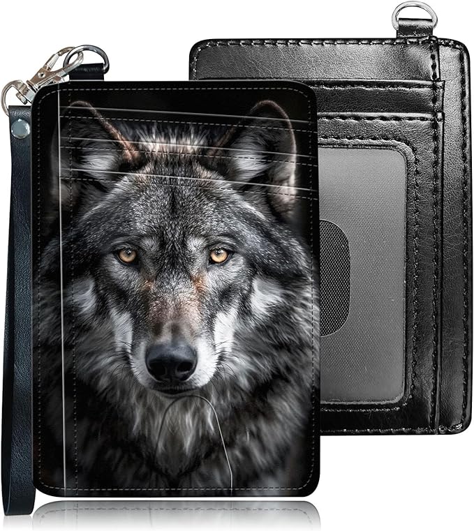 Slim RFID Blocking Card Holder Wallet with Wrist Strap - Minimalist Front Pocket Wallet, Grey Wolf 03 Design, PU Leathe, for Men & Women, Ideal for Travel & Gifts
