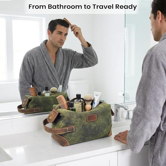 LEATHER VILLAGE Genuine Leather Dopp Kit for Men & Women with Waterproof Lining – Distressed Travel Toiletry Bag, Shaving & Bathroom Essentials Organizer - Distressed Green