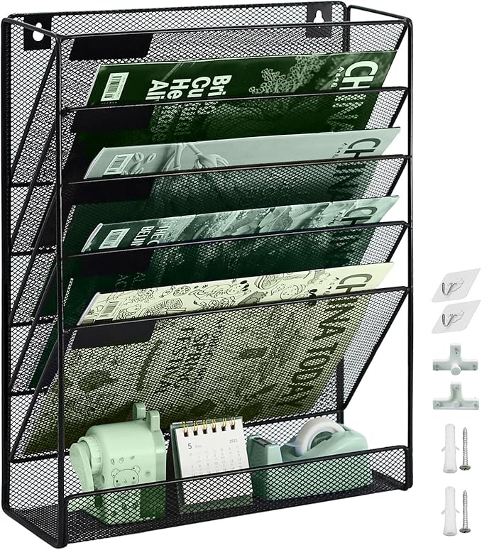5 Pockets Mesh Wall File Holder Organizer with Bottom Flat Tray, Office Hanging File Folder Magazine Rack, Nametag Label Hooks Set Included, Black
