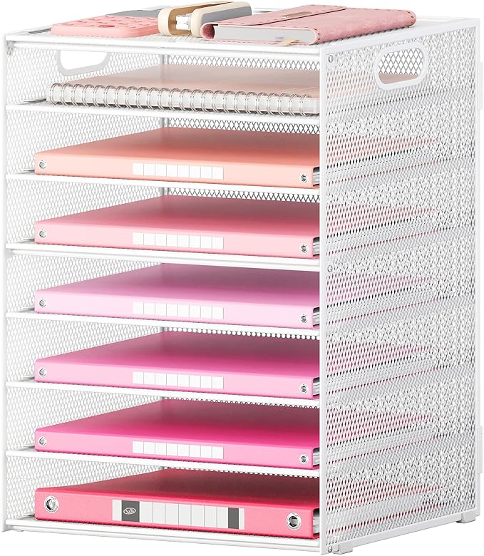 Lavatino 8-Tier Letter Tray Desk Paper Organizer, Mesh File Tray Organizer for Desk, Office Supplies & Home Organization, Fits A4 Paper, Mail, Magazines and Office Accessories (White with Handle)
