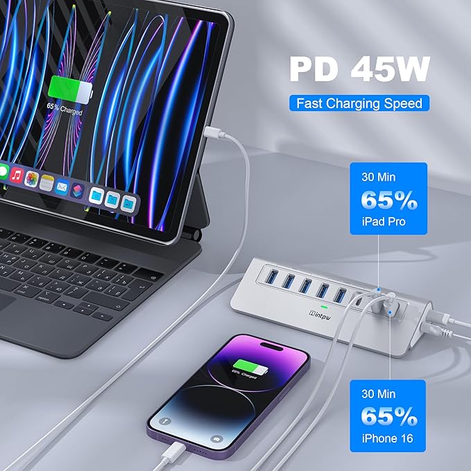 Powered USB Hub 10Gbps, intpw YH6AC Plus 10 Port USB 3.2 Hub(USB A/USB C 3.2+3 USB-A 3.0+2 PD 45W Fast Charging Ports+SD/TF Card Reader), 65W Power Adapter,Aluminum USB HUB for PC,Laptop,iPhone 17/16