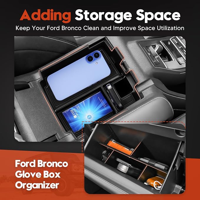 Sunsdrew 2025 Upgraded Center Console Organizer for 2025 2026 Ford Bronco 4-Door Accessories,2PCS Bronco Armrest Storage Box&Glove Box Organizer Slide smoothly Black(Not for 2-Door&Bronco Sport)