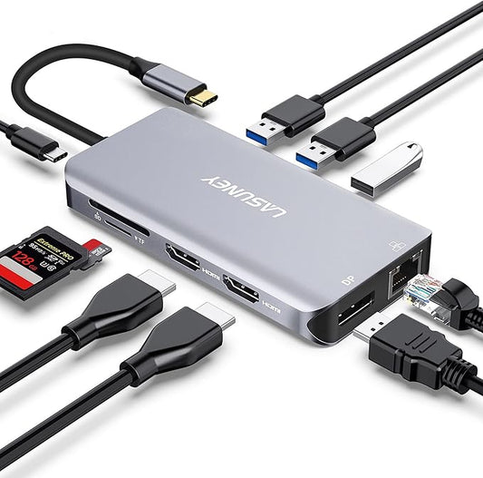 Lasuney Triple Display 10 in 1 USB Type C HUB with to 2 HDMI, Displayport, PD3.0, Ethernet, 3 USB Ports, SD/TF, Multiport Adapter Docking Station Dongle for Laptop