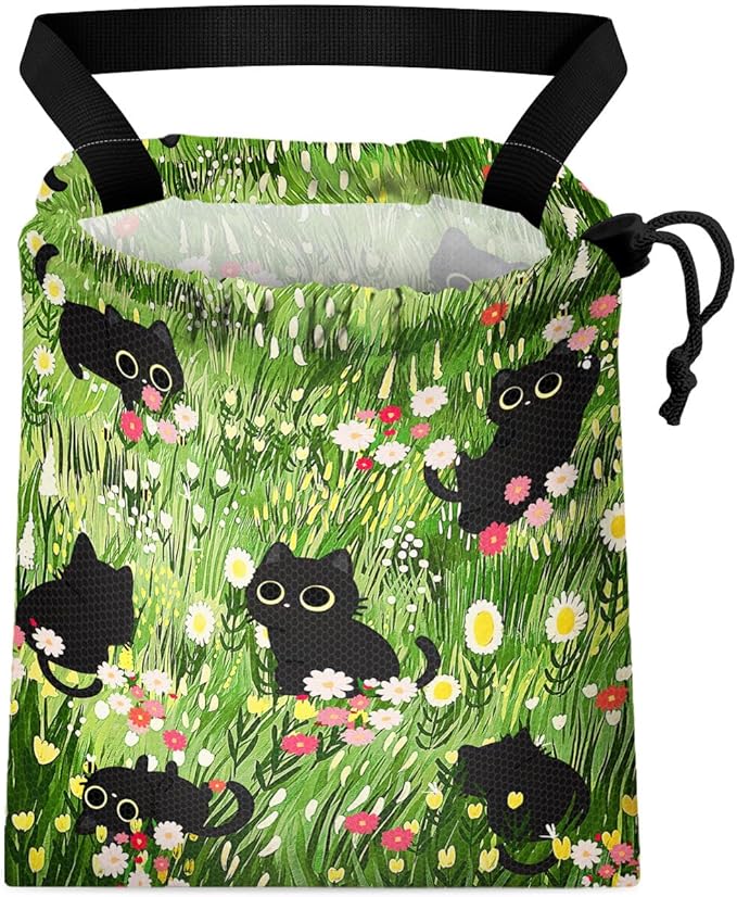 Car Trash Bag Hanging Back of Seat Waterproof Small Cute Printed One-Handed Strap Drawstring Garbage Bags for Car-Black Cat Floral