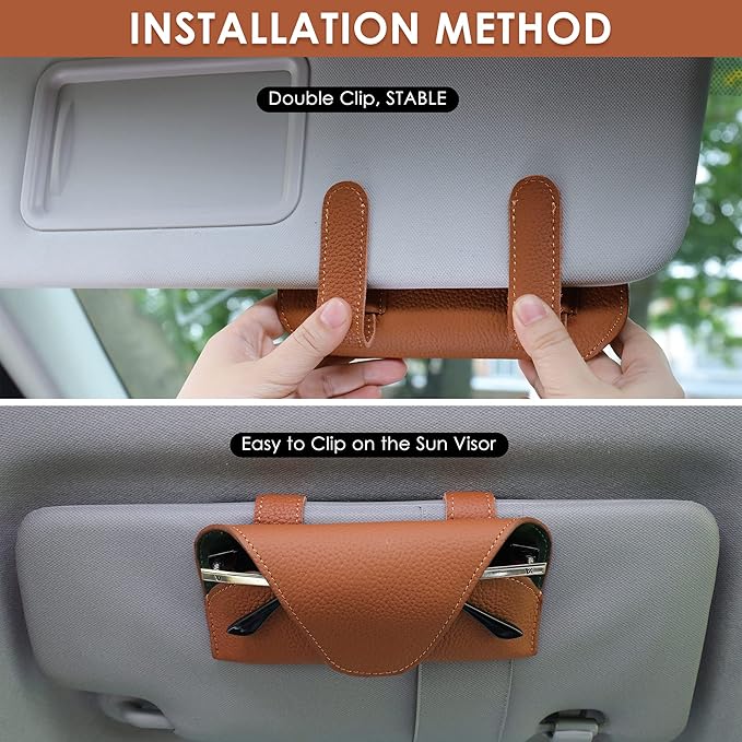 Magnetic Sunglass Holder for Car Visor Clip, Leather Car Glasses Holder, Visor Accessories Eyeglasses Holder Glasses Storage Case (02-Brown)