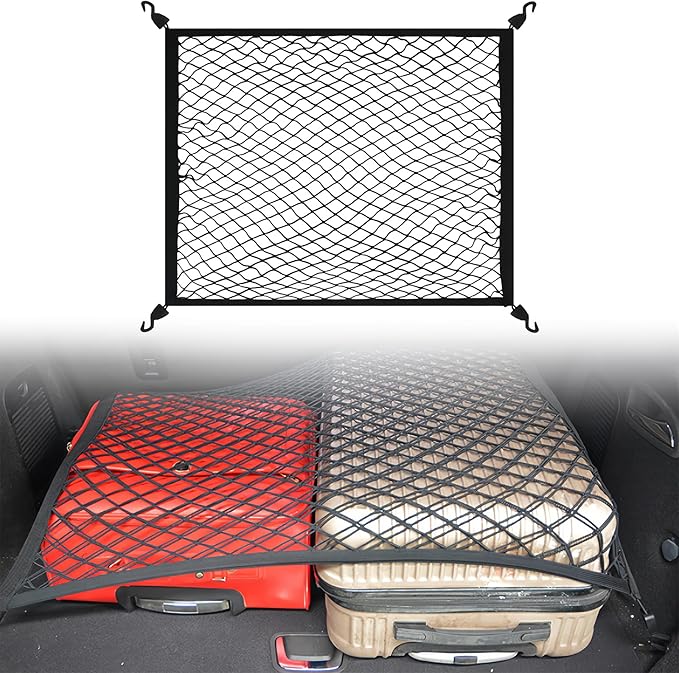 Highly Elastic Cargo Net for SUV, Truck Bed Netting for Cargo with 4 Hooks, Tidy Trunk, Easy Installation, 31.5" x 23.62" Truck Bed Net for Car, SUV Organizer and Storage