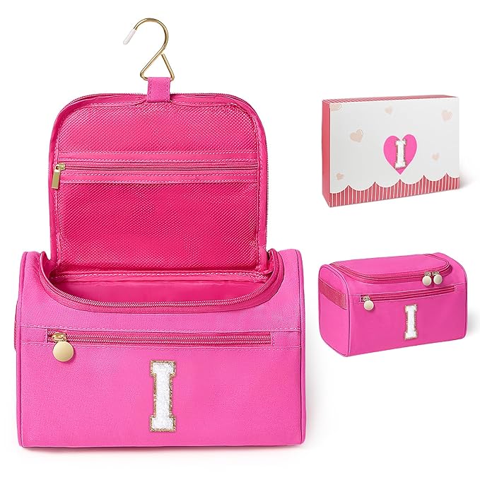 COSHAYSOO Initial Girls Hanging Toiletry Bag Tween Preteen Teenager Valentines Day Birthday Gifts Basket Stuffers for Teen Girl 10-12 12-14 16-18 Travel Trip Favors College Dorm Gift Pink Letter I