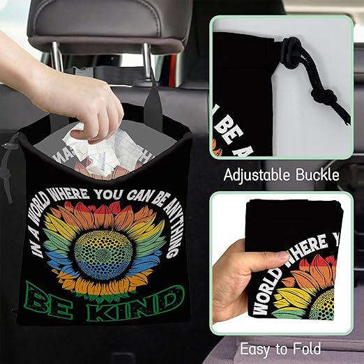 Peace Car Trash Bag,Be Kind Hanging Drawstring Car Garbage Bag,Waterproof Canvas Car Back Seat Organizer with Adjustable Buckle,for Vehicles,SUVs,Camping,Road Trips