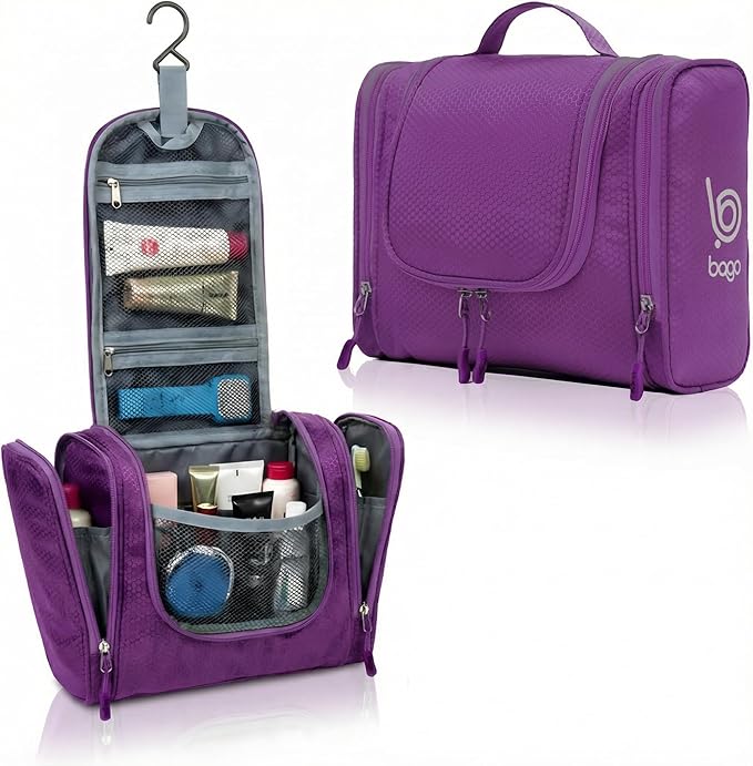 Bago Travel Toiletry Bag for Women and Men - Large Waterproof Hanging Toiletry Bag for Bathroom and Travel Bag for Toiletries Organizer (Purple)