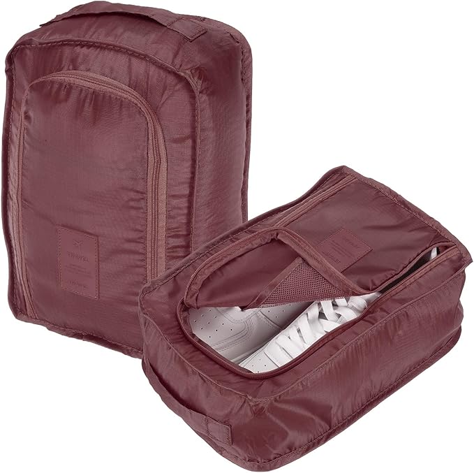 Foldable Travel Shoe Bag, Waterproof Shoe Pouches Organizer with Handle Travel Packing Cubes -Fitting for Storing (Sneakers/Sandals/Fitness Shoes) 2 Pcs & Dark Red