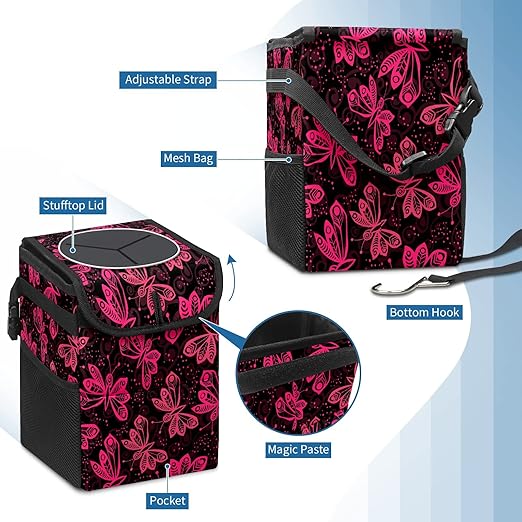 Car Trash Can Rose Pink Butterflies Auto Garbage Bag Car Trash Can with Lid Leak-Proof Car Storage Bag Auto Garbage Bag Hanging for Headrest Collapsible and Portable with Storage Mesh Pocket
