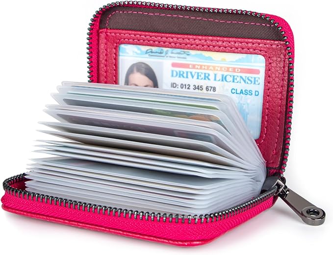 Suweibuke Genuine Leather Credit Card Holder Zipper Wallet RFID Blocking Secure Card Case ID Case Organizer (Rose Red)