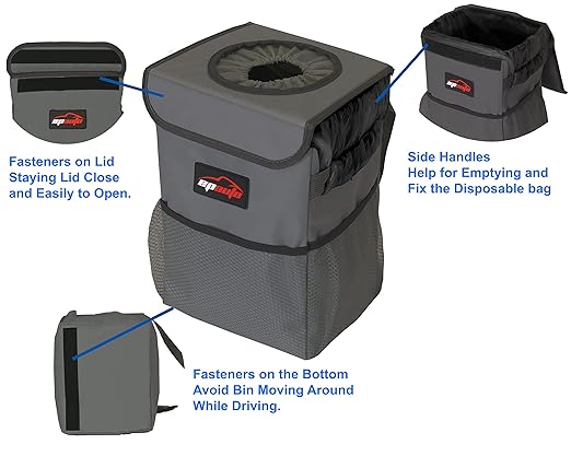 EPAuto Waterproof Car Trash Can with Lid and Storage Pockets, 2.5 Gallon Leakproof, Dark Gray