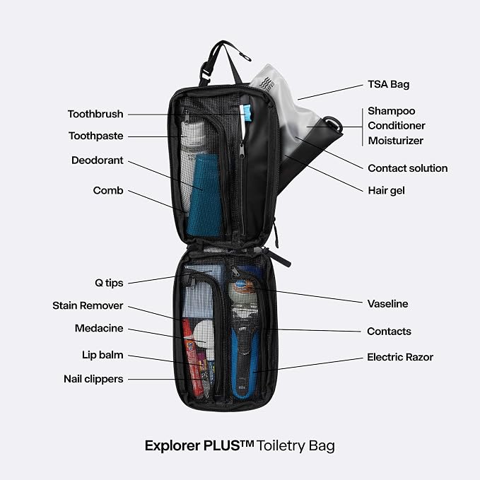 Gravel Hanging Toiletry Bag for Men and Women - Comes in 2 Sizes, Water-Resistant, Durable, Compact, Dopp Kit Travel Toiletry bag (Black, Plus)