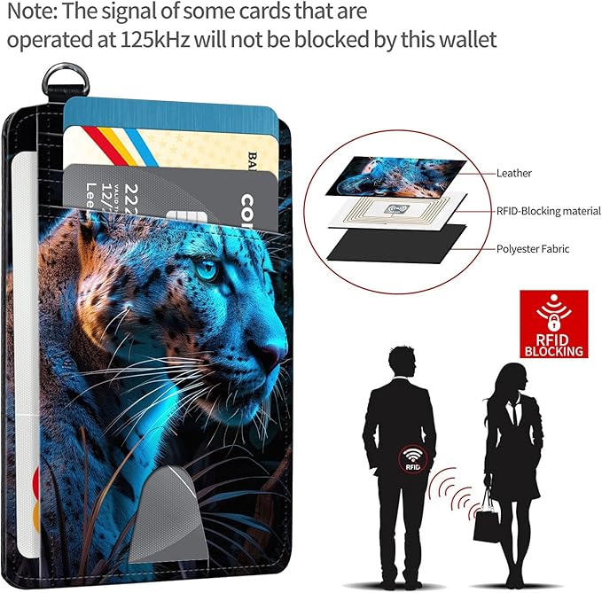 Slim RFID Blocking Card Holder Wallet with Wrist Strap - Minimalist Front Pocket Wallet, Blue leopard Design, PU Leathe, for Men & Women, Ideal for Travel & Gifts