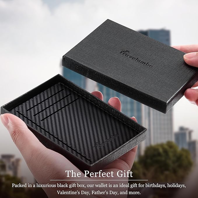 Travelambo 100% Genuine Leather Wallet for Men and Women, Slim Minimalist RFID Blocking Front Pocket Credit Card Holder with Gift Box(Carbon Fiber Black)