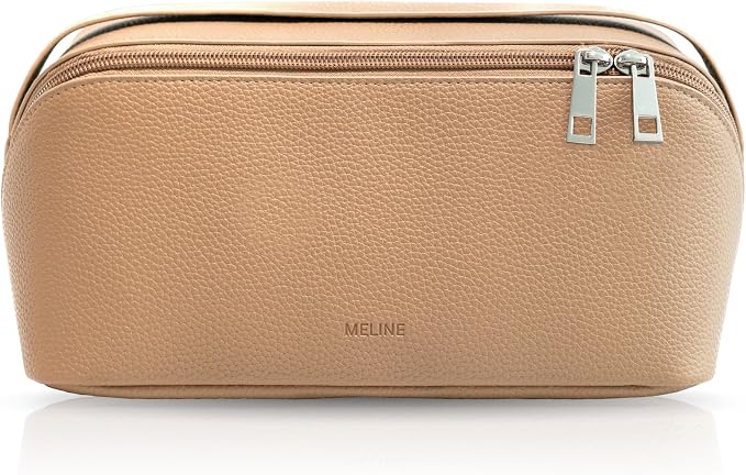 MELINE Travel Makeup Bag – Large Capacity Cosmetic and Toiletry Organizer with Divider and Handle, Waterproof Flat-Open Design, Portable Pouch for Women (Taupe)
