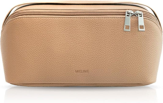 MELINE Travel Makeup Bag – Large Capacity Cosmetic and Toiletry Organizer with Divider and Handle, Waterproof Flat-Open Design, Portable Pouch for Women (Taupe)
