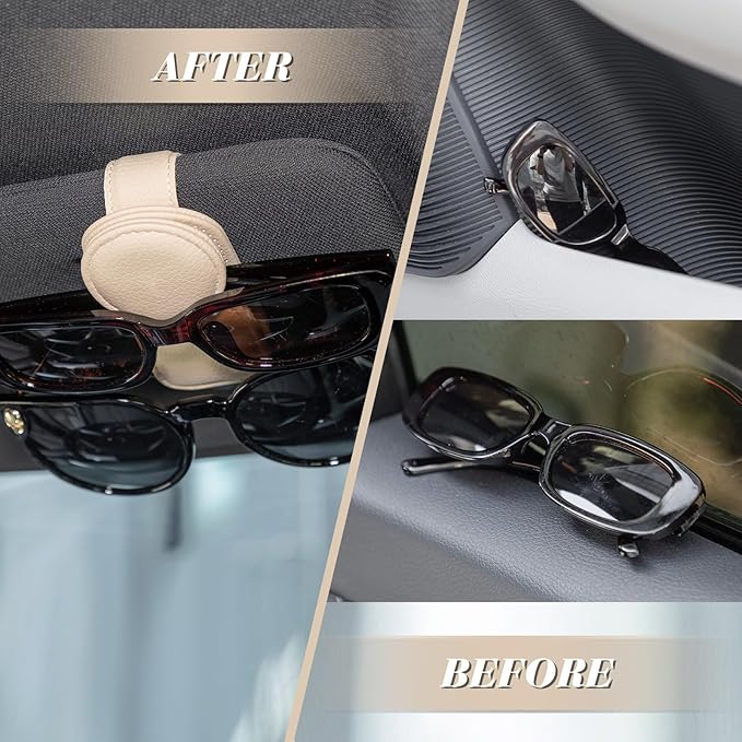 Konohan Sunglasses Holder for Car Visor Leather Eyeglass Hanger Magnetic Sunglasses Holder with 2 Clips(Beige)