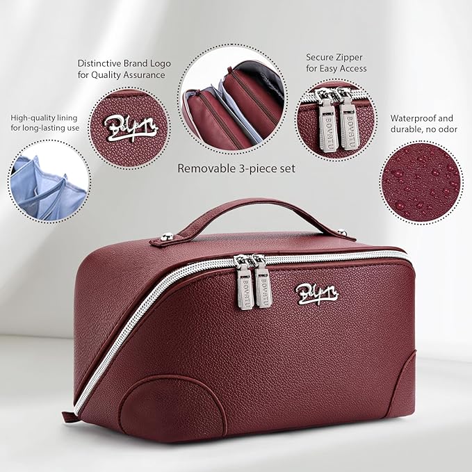 BOYATU Travel Makeup Bag Cosmetic Bags for Women: 3 Pcs Set Large Capacity Make up Bag with Handle - Waterproof Vegan Leather Toiletry Bags Travel Essentials with Compartments(C-5-Red)