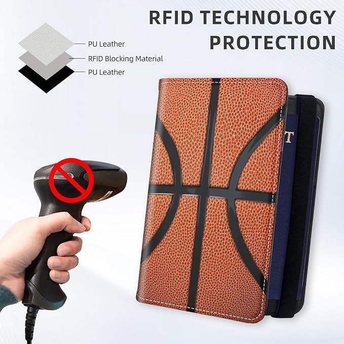 [Basketball Texture Ultra-Slim Passport Holder Wallet with Pen Loop, RFID Blocking Faux Leather Travel Passport Cover, Compact Boarding Pass & Card Case Organizer for Women & Men