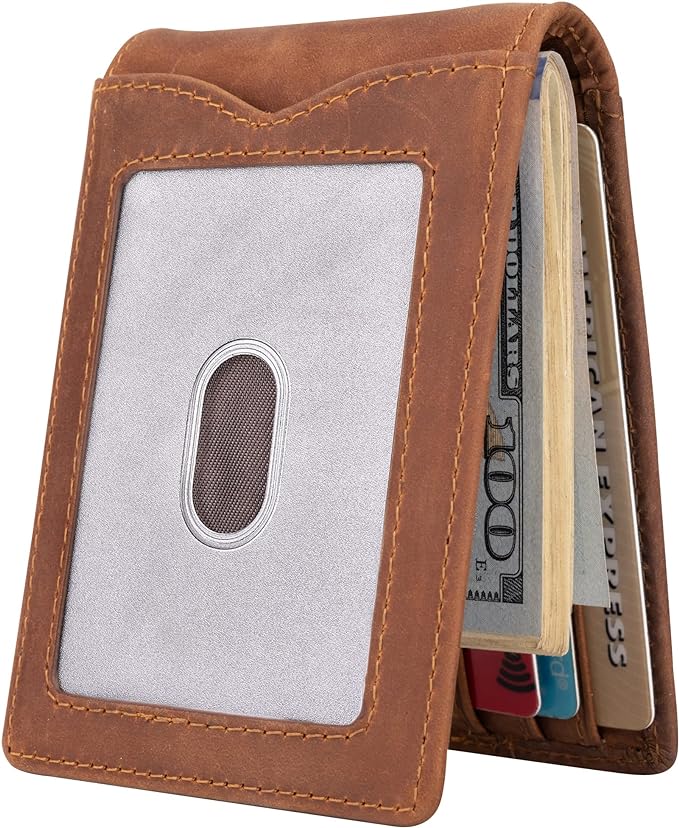 kinzd Slim Wallet with Money Clip RFID Blocking Minimalist Bifold Wallet for Men Genuine Leather Front Pocket Card Holder