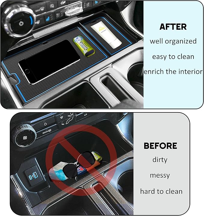 SENSHINE Center Console Organizer Tray for Ford F150 2021-2024/Lightning XLT 2022-2024 Interior Accessories Hidden Insert Storage Box with USB Hole Fit Front Shifter Open Pocket (Blue)