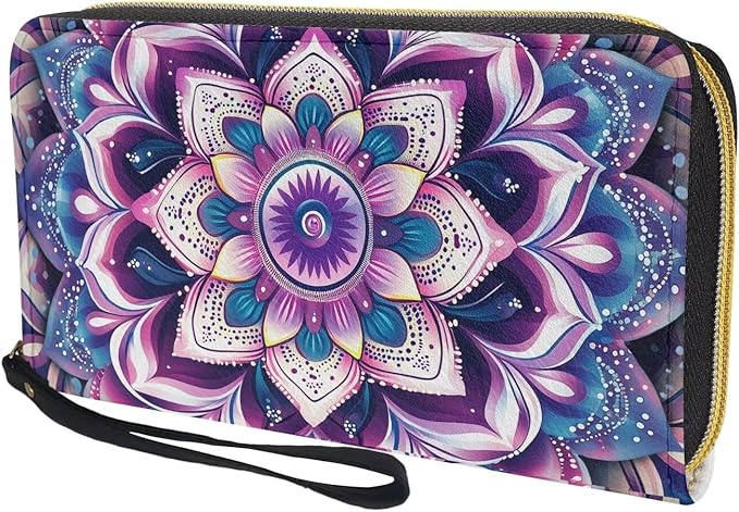 Bulopur Boho Mandala Womens Wallet Wristlet PU Leather Purple Floral Clutch Purses for Ladies Waterproof Phone Holder Zip Around