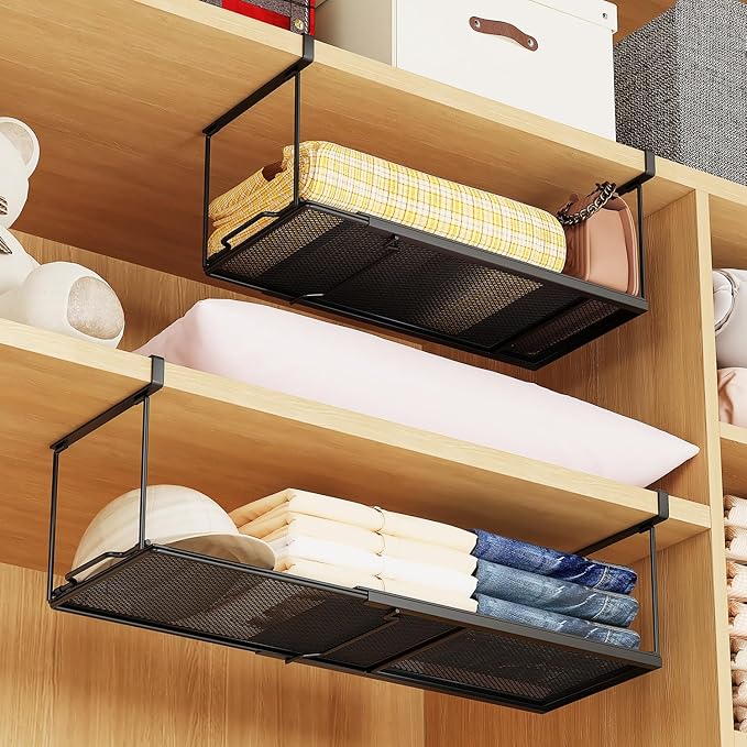1 Pack Expandable Under Cabinet Shelf, Under Shelf Basket with 0.94 Inches Thick Clips for Kitchen Cupboard, Metal Hanging Under Desk Basket for Laundry Room, Cabinet, Shoe Rack