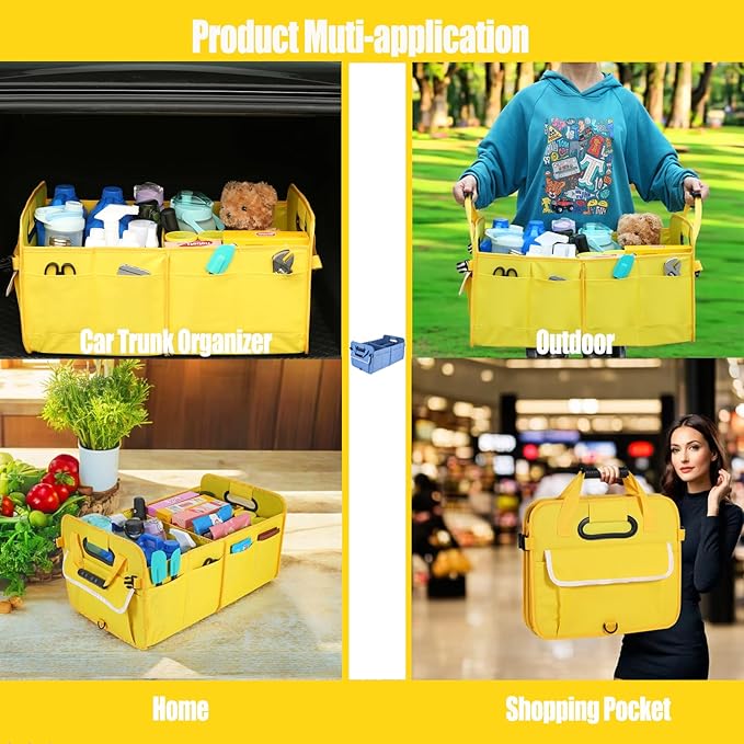 Car Suv Trunk Organizer,Sturdy Storage Organizer for Car Accessories,Tools,Sundries.Upgraded 4 Carrying Handles,72L,Foldable,Waterproof,Multi Compartment,2 Straps for Fixation (Yellow B)
