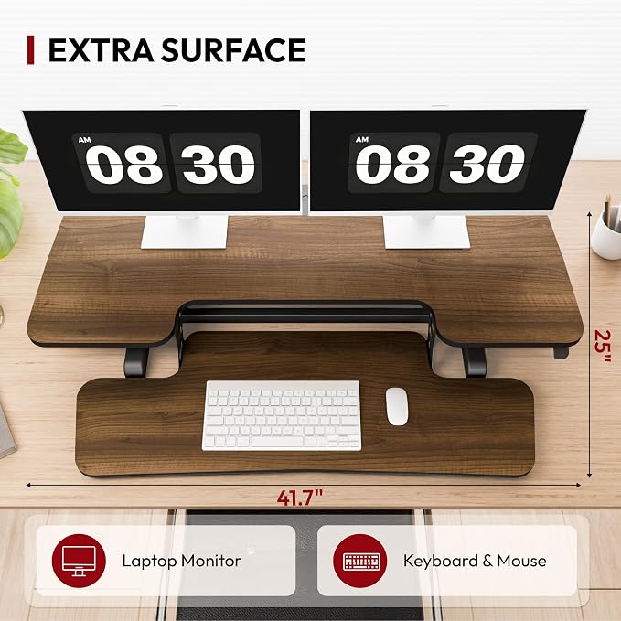 SANODESK 42" Standing Desk Converter, Large Sit-Stand Riser for Dual Monitors & Laptop, Stable Multi-Device Workstation with Keyboard Tray, Home Office Desktop Converter, Walnut
