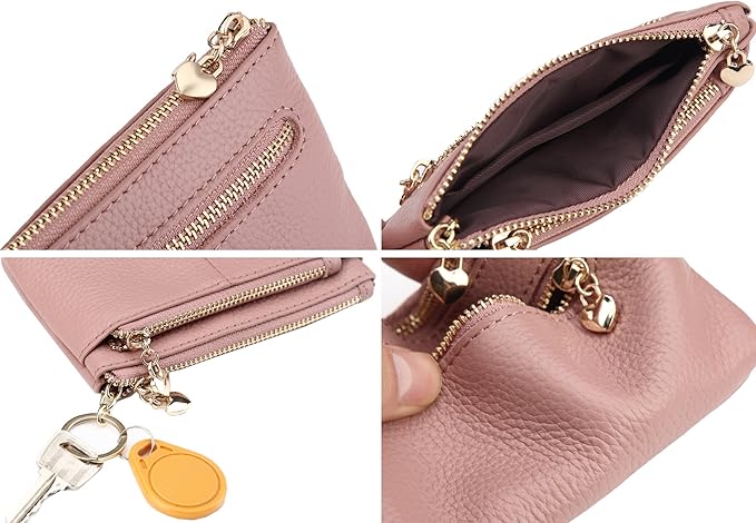 ZOOEASS Women Genuine Leather Zip Mini Coin Purse With Key Ring Triple Zipper Card Holder Wallet