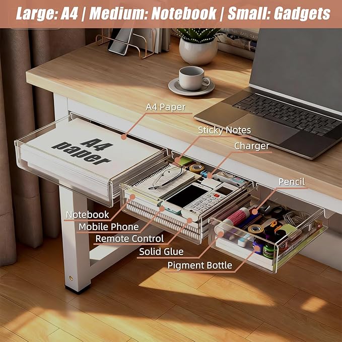 3-Pack Under Desk Drawer for Desk with Frame & Beam, Fits Where Standard Drawers Can't, 52mm Heightened Slide Out Organizer, Dual Adhesive or Screw Mount, Clear PET Under Table Storage