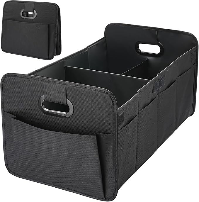 Foldable Car Trunk Organizer - 63L Collapsible Multi-Compartment Storage with 10 Side Pockets, Reinforced Handles & Waterproof 600D Oxford Polyester - Fits Car, SUV, Minivan - Black