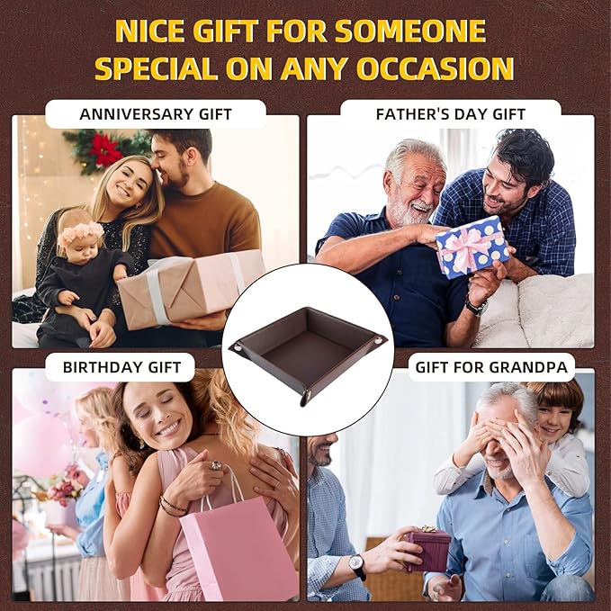 Valet Tray for Men Women - PU Leather Travel Catchall Tray Organizer - Desk Bedside Nightstand Storage Box for Jewelry Key Phone Remote Controller Wallet Watch Glasses Coin Readers - Square