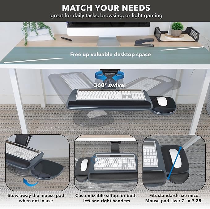 Mount-It! Under Desk Keyboard Tray, Adjustable Slide-Out Keyboard & Mouse Platform, 20.5" W × 11" D, Ergonomic Wrist Rest, Tilt & Swivel, Heavy-Duty Bolt-On Keyboard Drawer for Home Office, Blue