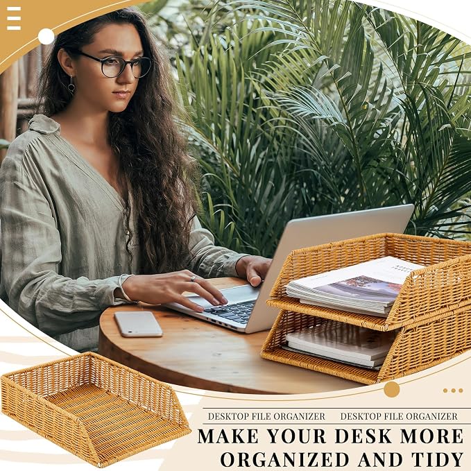 Yeaqee 2 Pcs Paper Tray Organizer for Desk Woven Letter File Organizer A4 File Tray Desk Paper Basket Letter Size Imitation Rattan Holder Organization Rack for Office Storage(Brown,Sleek Style)