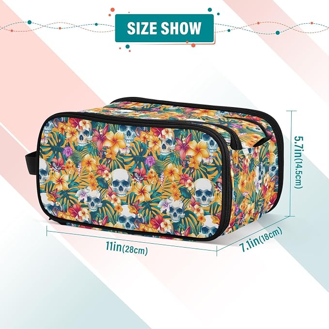 MNSRUU Large Capacity Makeup Bag, Skulls Hibiscus Flowers Portable Toiletries Organizer for Women, Travel Size Cosmetic Bag