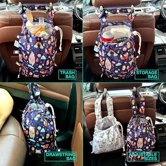FLOCK THREE Leak-Proof Waterproof Car Trash Bag Foldable Multipurpose Trash bin Container Storage Cute Grocery Organizer Bag for Automotive Front or Back Seat in Cars SUVs and Trucks (Jungle Animals)